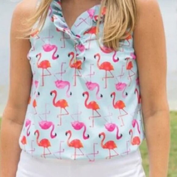 Mudpie Whitney Ruffle Collar Flamingo Print Tunic Blouse Sz XS - Picture 9 of 10